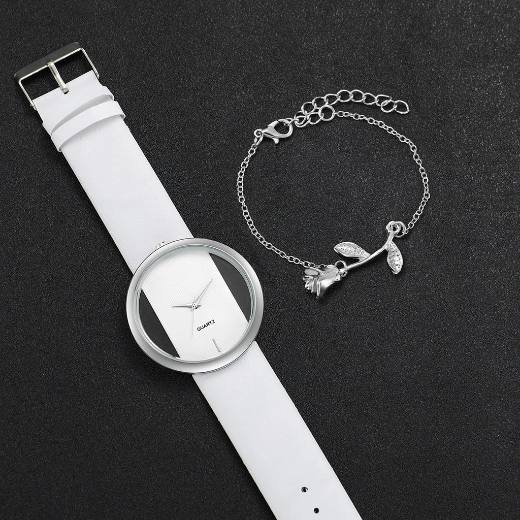 2PCS/Set Fashion Hollow Dial Women Watches Leather Band Quartz Watch Flower Bracelet Set Qme