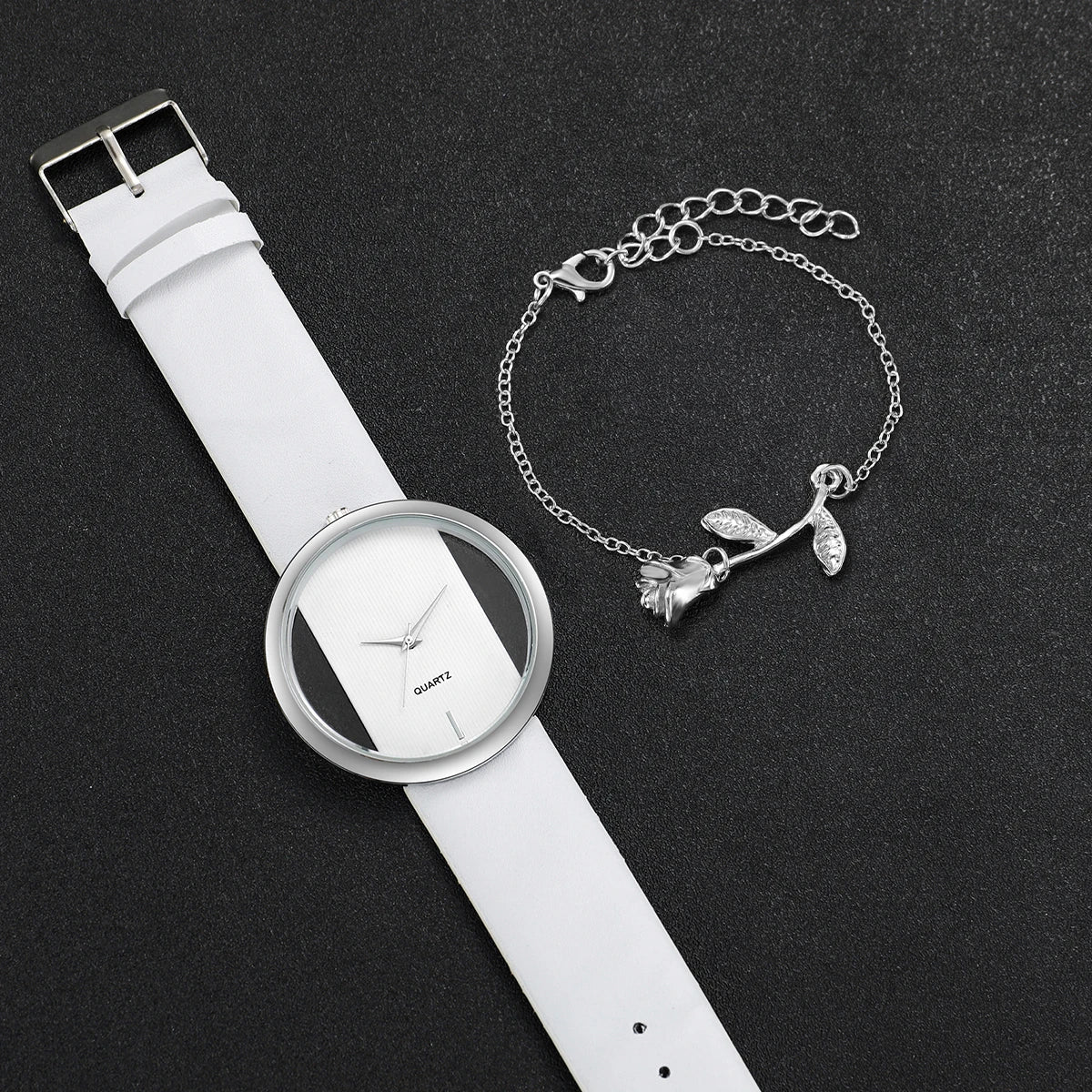 2PCS/Set Fashion Hollow Dial Women Watches Leather Band Quartz Watch Flower Bracelet Set Qme