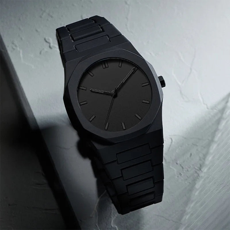 All black octagonal minimalist scale men's steel strip business quartz watch Qme black