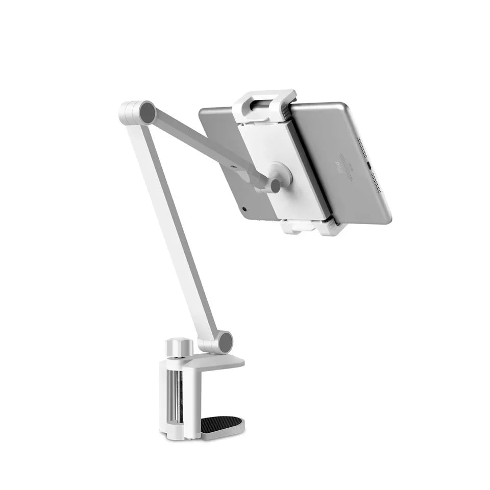 Tablet Stand Rotating Long Arm Mobile Phone Holder Height/Angle Adjustable Aluminium Alloy Tablet Mount for 4-13inch iPhone iPad Qme White