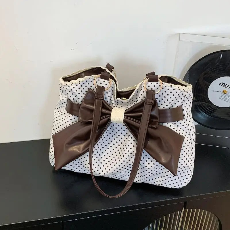 Trendy Vintage Women's Bow Handbag Y2K Casual Chic Shoulder Bag - Aesthetic Dot Underarm Streetwear All Match Lady Purse Qme White