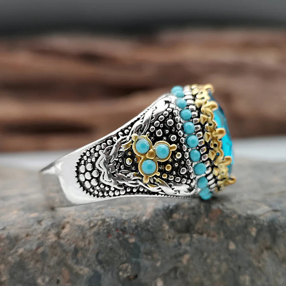 Retro Handmade Turkish Ring for Men Vintage Turquoise Gem Rings Punk 2022 Men's Fashion Jewelry Gifts Qme