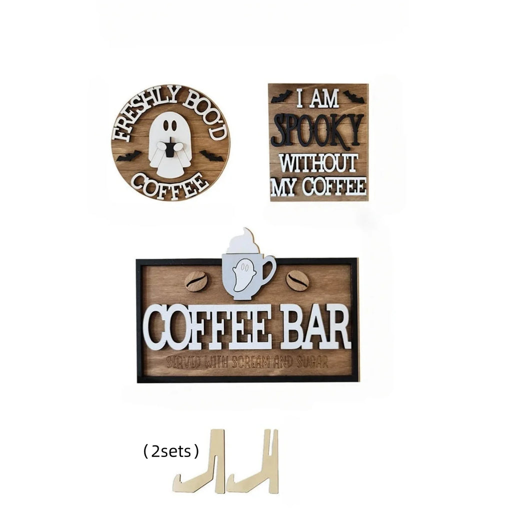 Halloween Wooden Coffee Theme Desktop Sign, No Tray, "Freshly Boo'd Coffee" Ghost Coffee Beans, Halloween Kitchen Home Decor Qme YXZH0518