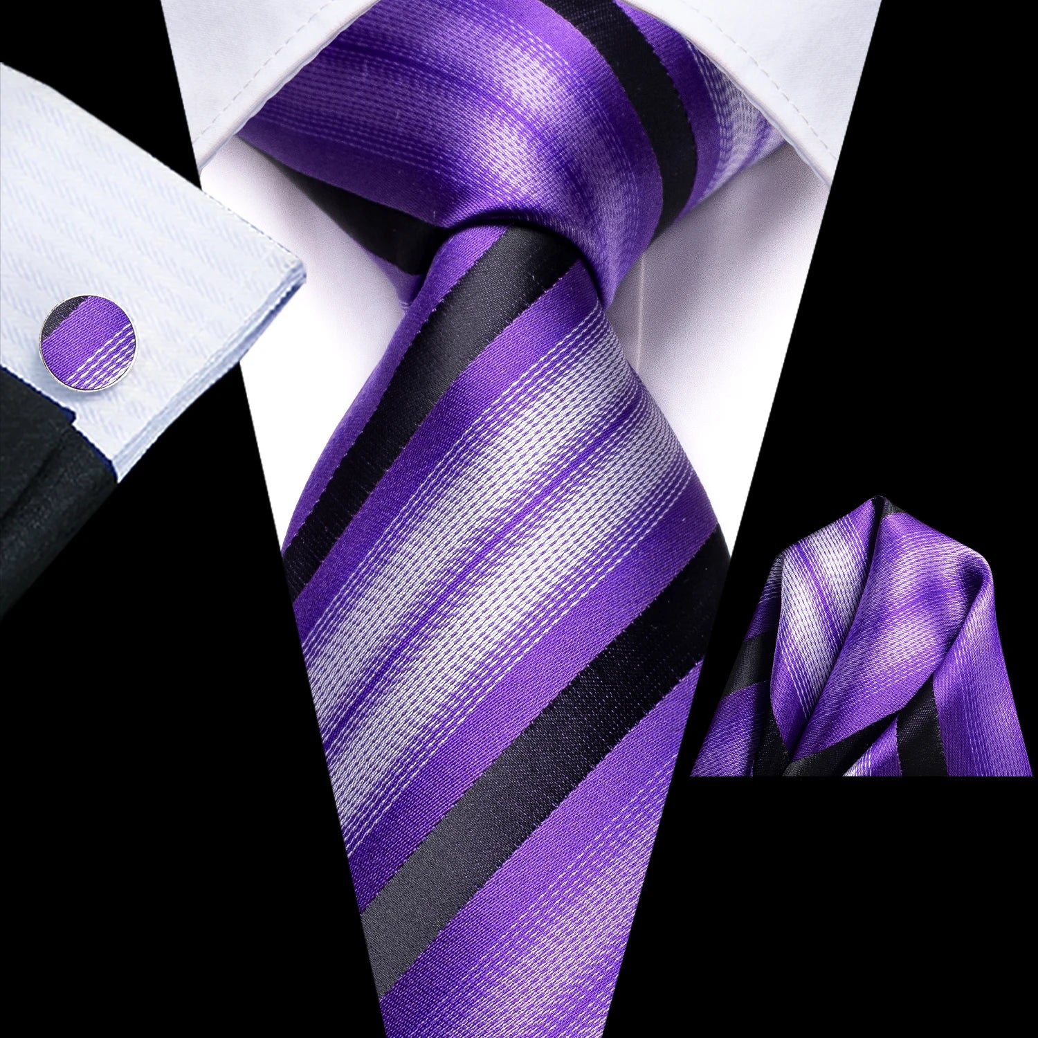 Hi-Tie 3pcs Mens Tie Purple Floral Stripes Solid Necktie Pocket Square Cufflinks Set Wedding Formal Casual Office Party Qme LDSN3481