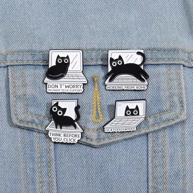 Cartoon Black Cat Brooch Enamel Pins Creative THINK BEFORE YOU CLICK Lapel Backpack Badges WORKING FROM HOME Jewelry Wholesale Qme