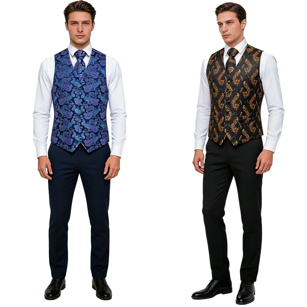 Men's Luxury Paisley Suit Vest & Tie Set – Formal Waistcoat with Necktie Pocket Square, Perfect for Weddings and Business Events Qme