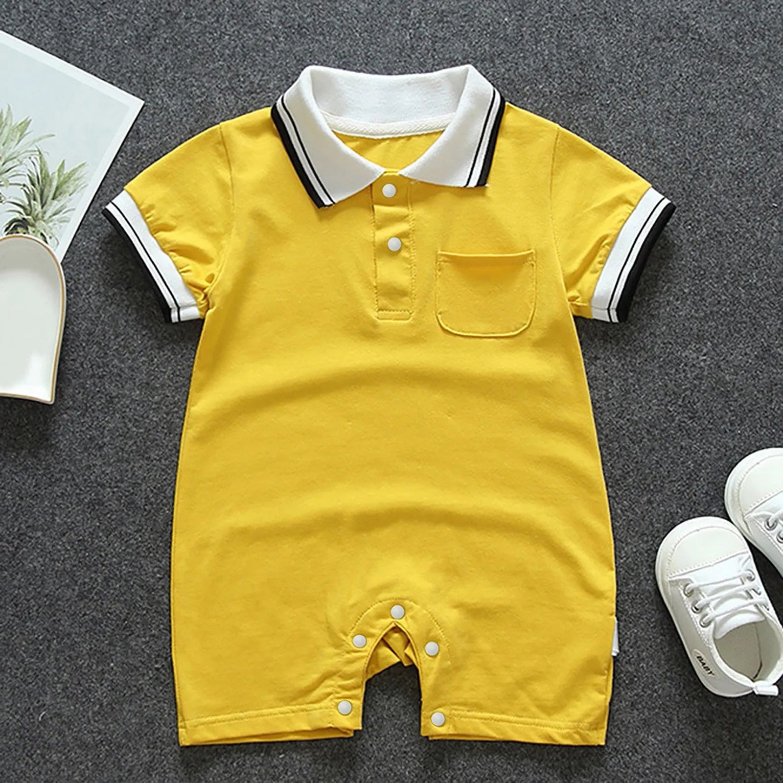Baby Boys And Girls Summer Lightweight Solid Color Short Sleeve Turn-Down Collar Pocket Romper Convenient Casual Basic Playsuits Qme Yellow 73