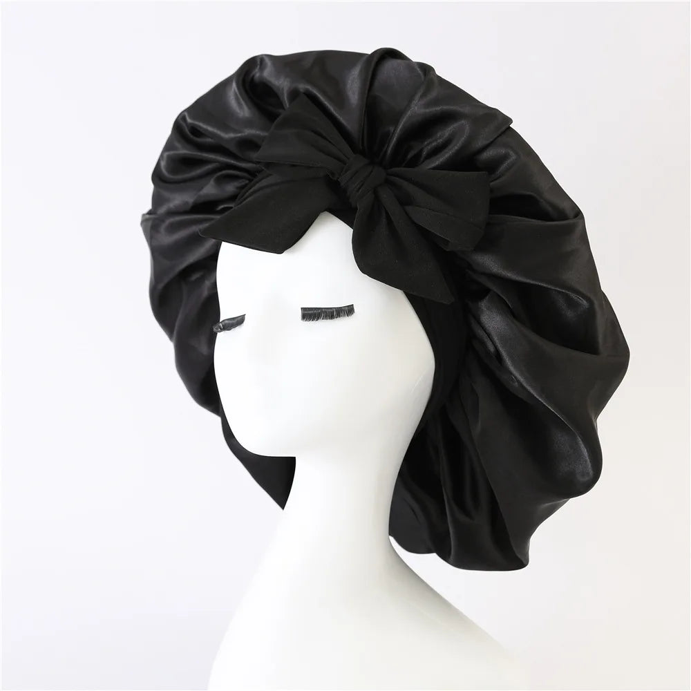 Sleeping Hat Women Satin Solid Night Sleep Cap Hair Care Bonnet Nightcap For Women Men Unisex Cap Bonnet De Nuit Shower Turban Qme Black