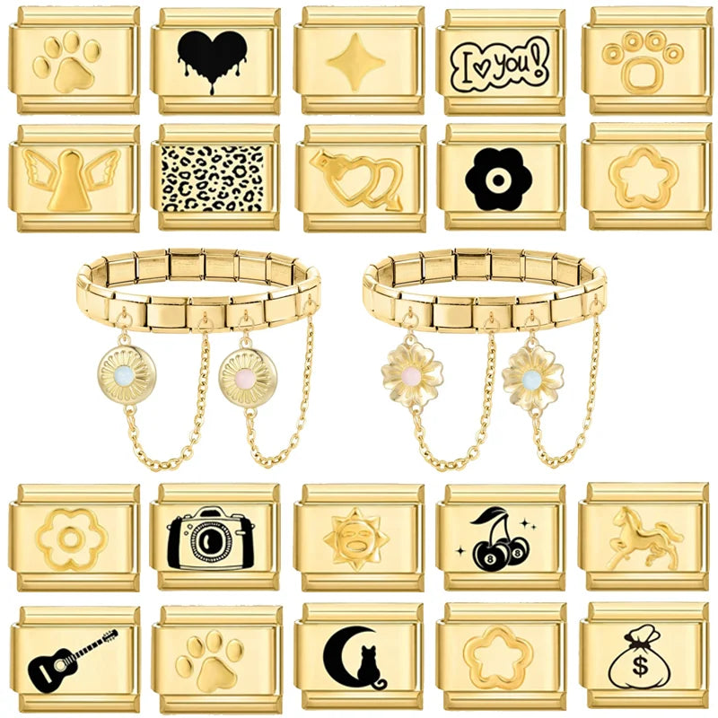 2025 New Gold Color Flower Heart Cute Cat Paws Sun Italian Charm Links Stainless Steel Fit 9mm Bracelet Jewelry DIY Making Gifts Qme