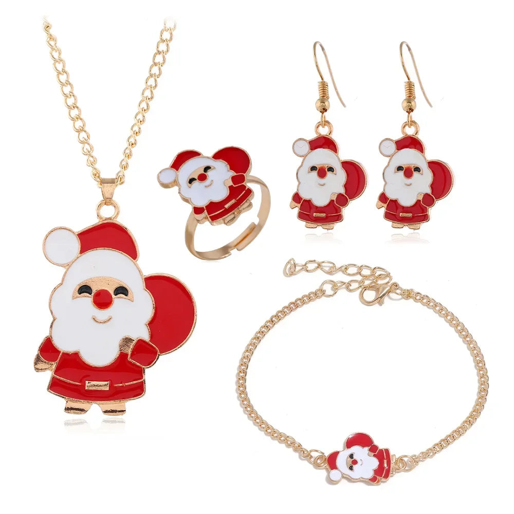 4PCS/Set Christmas Women Alloy Jewelry Set Santa Elk Bell Earrings Necklace Bracelet Decor Xmas Accessories Gift for Girl Women Qme Santa Claus China Mainland
