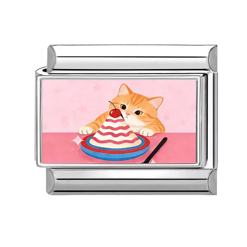 9mm Charm Links Bracelet Stainless Steel Y2K Kawai Cute Cats Listen to music Look at the moon Italian Men Women DIY Making Gifts Qme Style 11