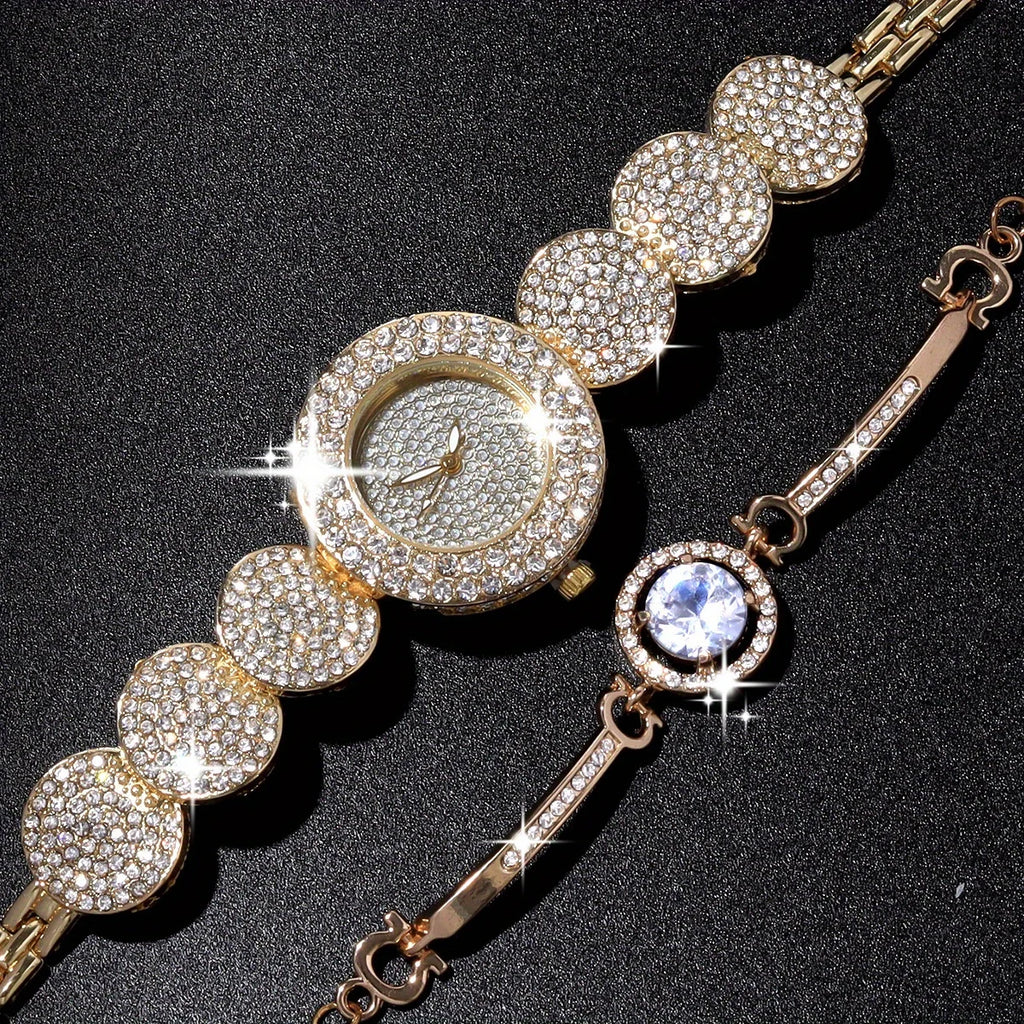 2pcs/set Women's Watch Luxury Rhinestone Quartz Bracelet Watch Stainless Steel Bangle Cuff Watch & Bracelet, Gift For Mom Her Qme