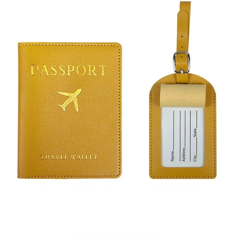 PU Leather Luggage Tag Passport Holder Set Passport Protective Cover Travel Portable ID Credit Card Holder Travel Accessories Qme Yellow