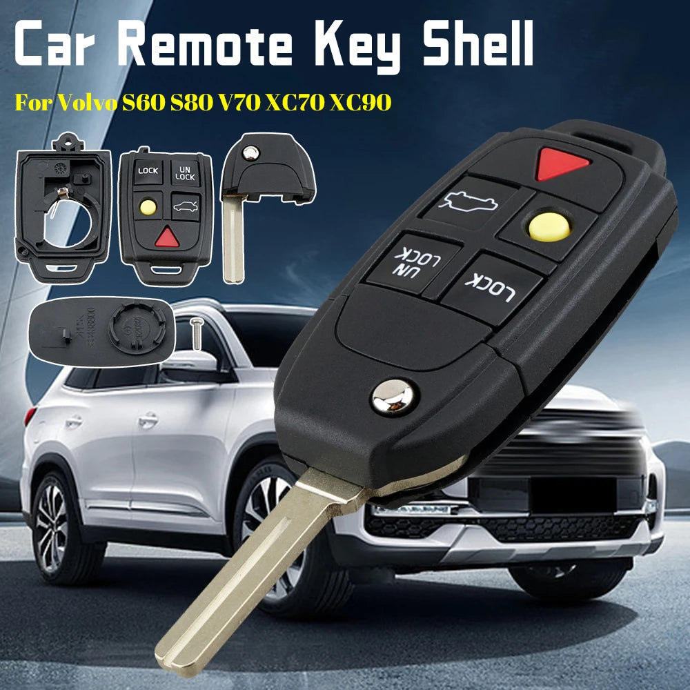 Car Remote Key Shell Replacement 5 Buttons Flip Folding Key Fob Case Black for Volvo S60 S80 V70 XC70 XC90 Qme