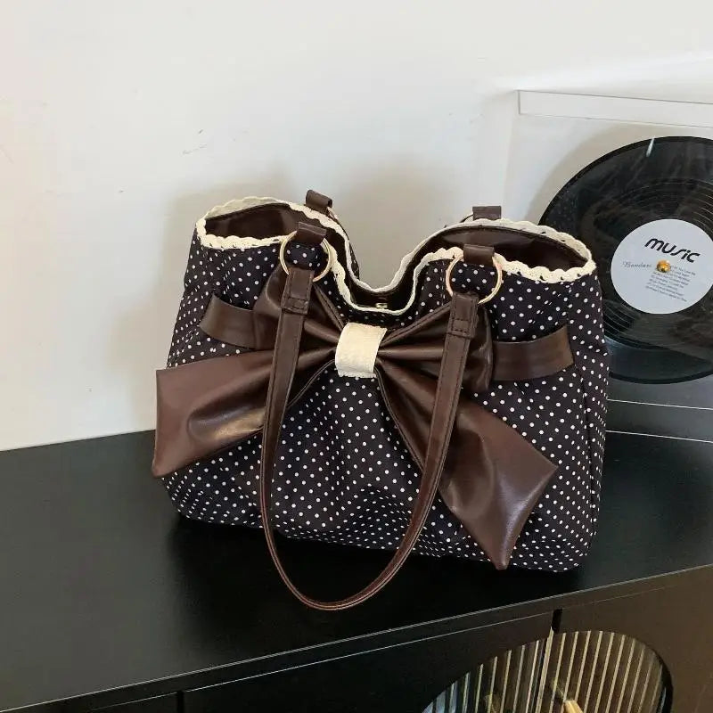 Trendy Vintage Women's Bow Handbag Y2K Casual Chic Shoulder Bag - Aesthetic Dot Underarm Streetwear All Match Lady Purse Qme Black