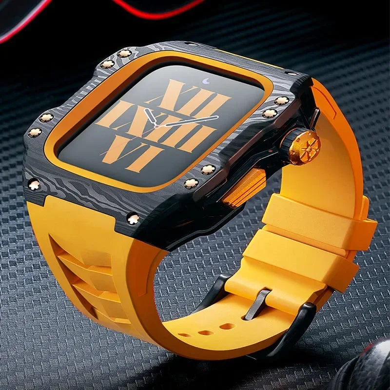 Modified Carbon Fiber Protective waterproof Case with Band strap Black metal bezel for iWatch Apple Watch series 7 8 9 44mm 45mm Qme