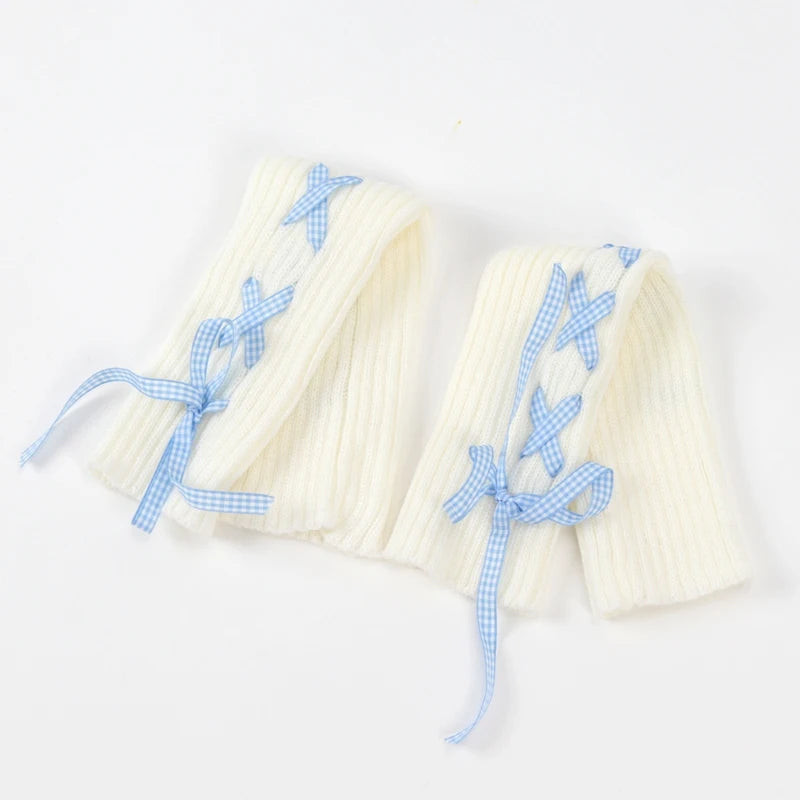 JK Girls Gloves Japanese Kawaii Lolita Fingerless Glove Elbow String Ribbon Ties Up Party Fingerless Gloves Harajuku Leg Warmers Qme