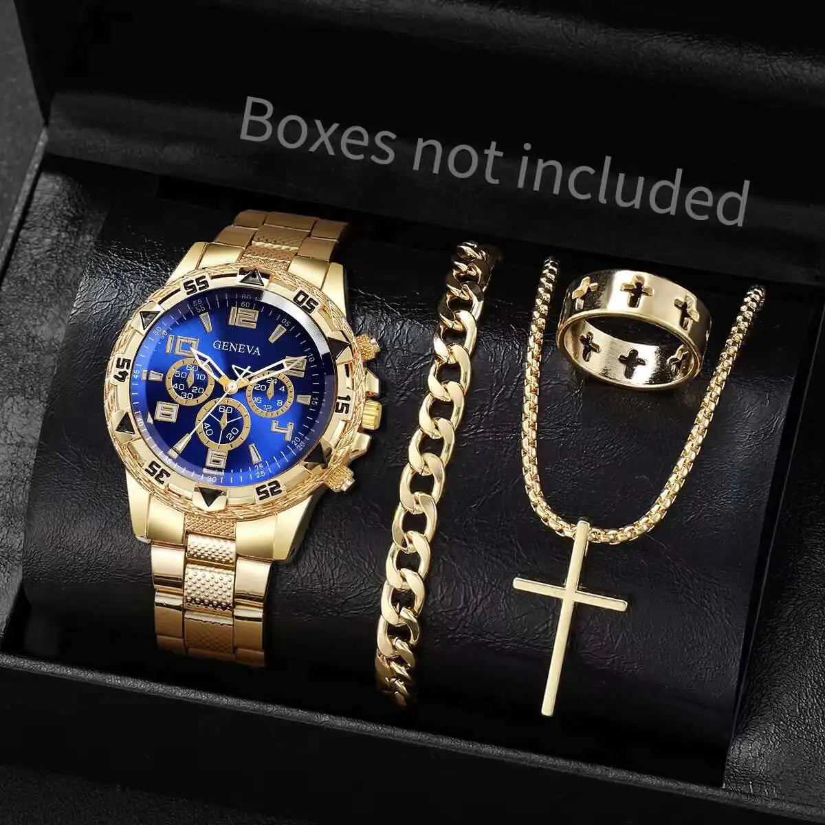 4PCS Large dial men's steel strap watch fashionable business white light glass digital quartz watch set Qme Gold Blue No Box