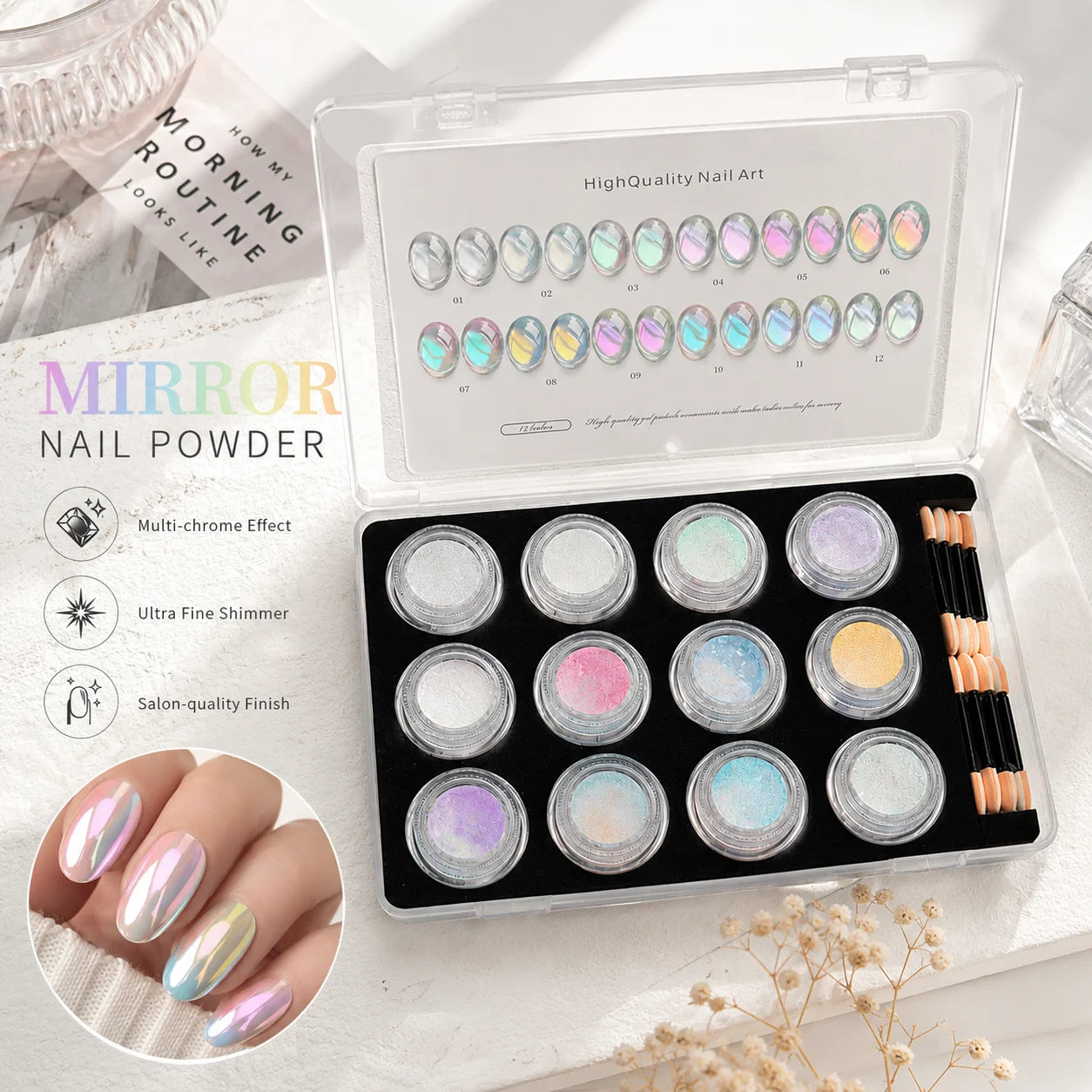 12 Colors Aurora Mirror Nail Powder Chrome Pearl Pigment Dust Ultra Qme