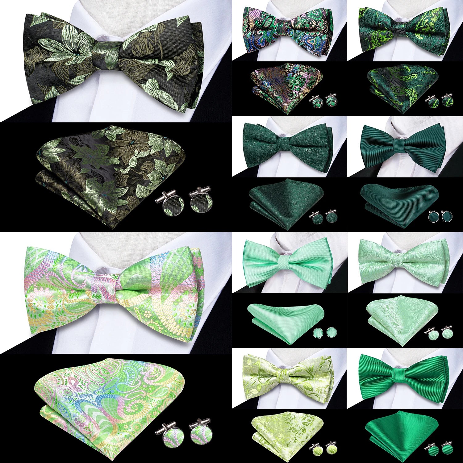 Sage Mint Grass Teal Green Mens Bow Tie Hankerchief Cufflinks Qme