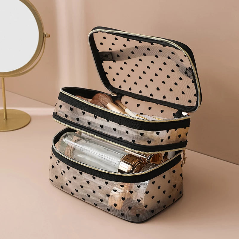 Women Toiletry Bag Double Layer Design Cosmetic Large Capacity Mesh Qme