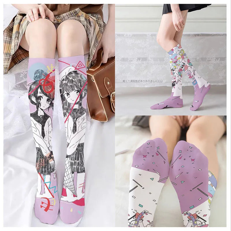 1 Pair Women Mid-tube Stockings Cartoon Anime Personality Printed Qme
