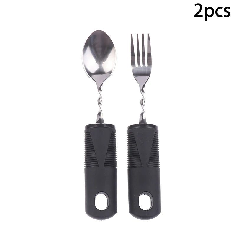 2 Stainless Steel Bendable Adaptive Cutlery Textured Handle Utensils Qme 2PCS Black