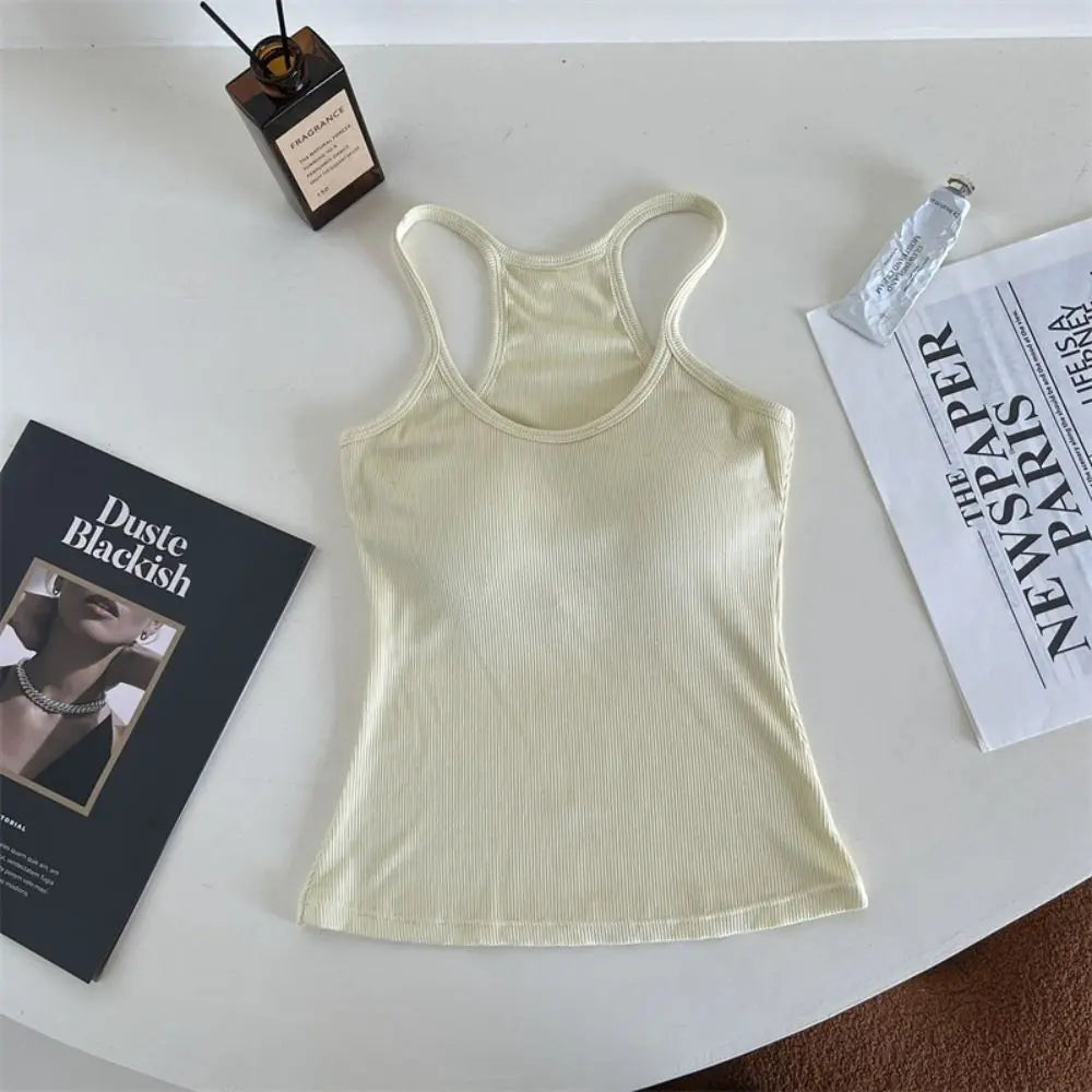 Women Underwear Wire-free Tank Crop Top Sexy Camisole Solid Color Chest Pad Tee American Retro Sleeveless Slim Tank Top Qme NB One Size