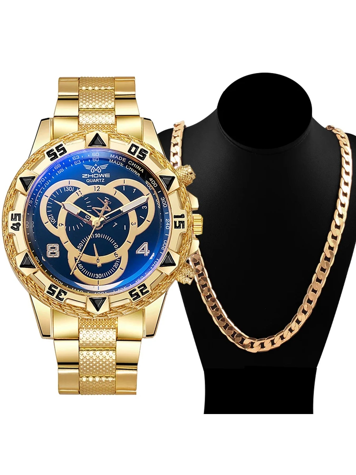 Business Blue Light Men's Watch Large Dial Quartz Watch Silicone Strap Set Qme Bronze