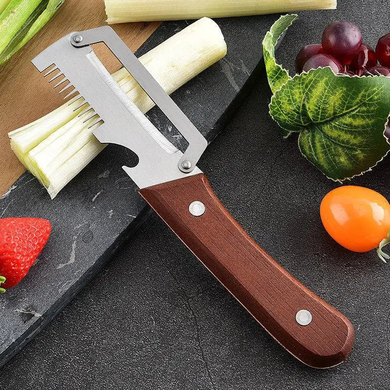 Multifunctional Stainless Steel Peeler Wooden Handle 3-in-1 Scallion Qme