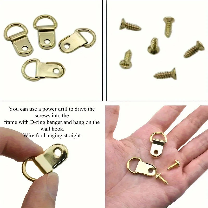 D Ring Picture Hanging Hooks With Screw,Metal D Shape Frame Hanging Hardware For Photo Frame Canva Painting Wall Mount Hanging ﻿ Qme