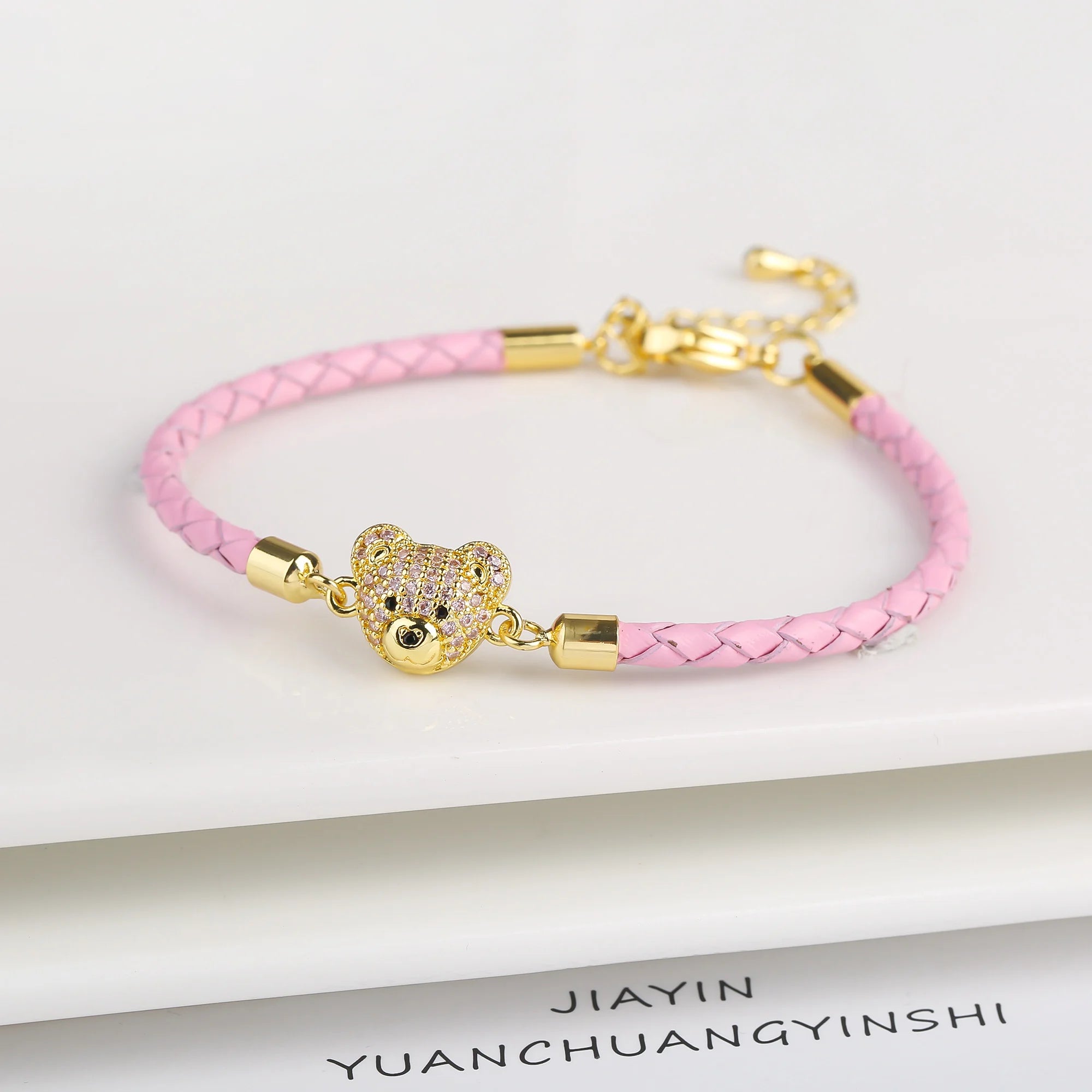 New 6 Colors Fashion Cute Animal Bear Zirconia Leather Rope Braided Adjustable Bracelet Classic for Man Woman Party Jewelry Gift Qme Pink