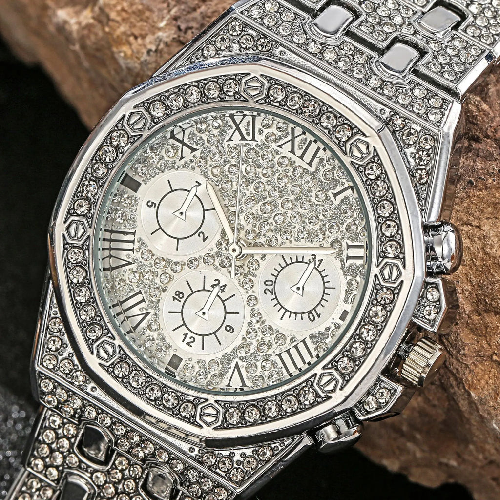 Relógio de negócios masculino moda cheio de diamante casual liga aço banda relógio de pulso de quartzo Qme