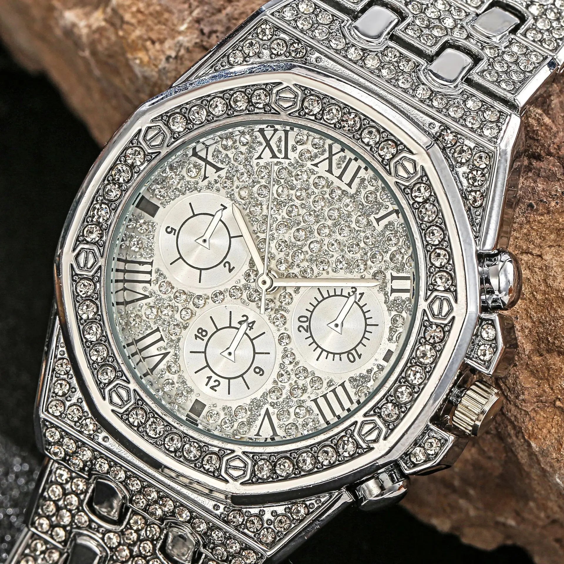 Relógio de negócios masculino moda cheio de diamante casual liga aço banda relógio de pulso de quartzo Qme