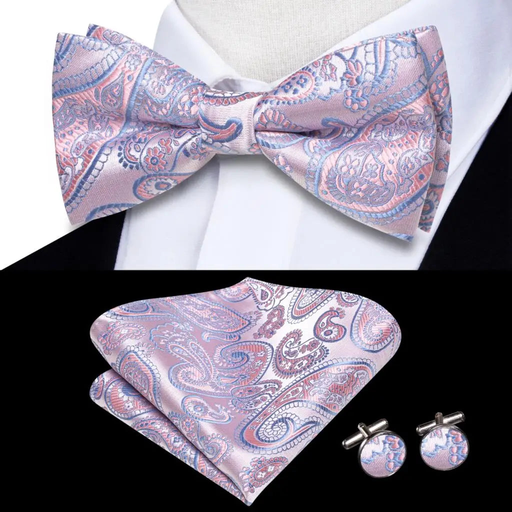 Peach Pink Salmon Rose Mens Bow Tie Pocket Square Cufflinks Pre-tied Qme LDLH0582