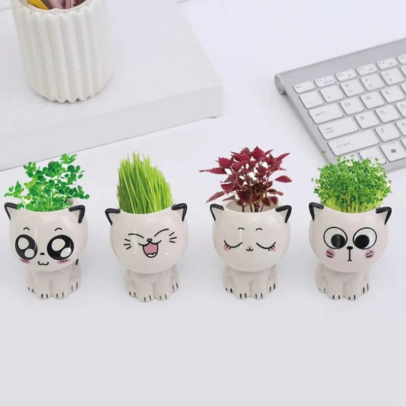 1pc Mini Cat Shaped Ceramic Flower Pot Cute Cartoon Desktop Potted Plant Pot DIY Home Desk Decor Nursery Pot School Gifts Qme