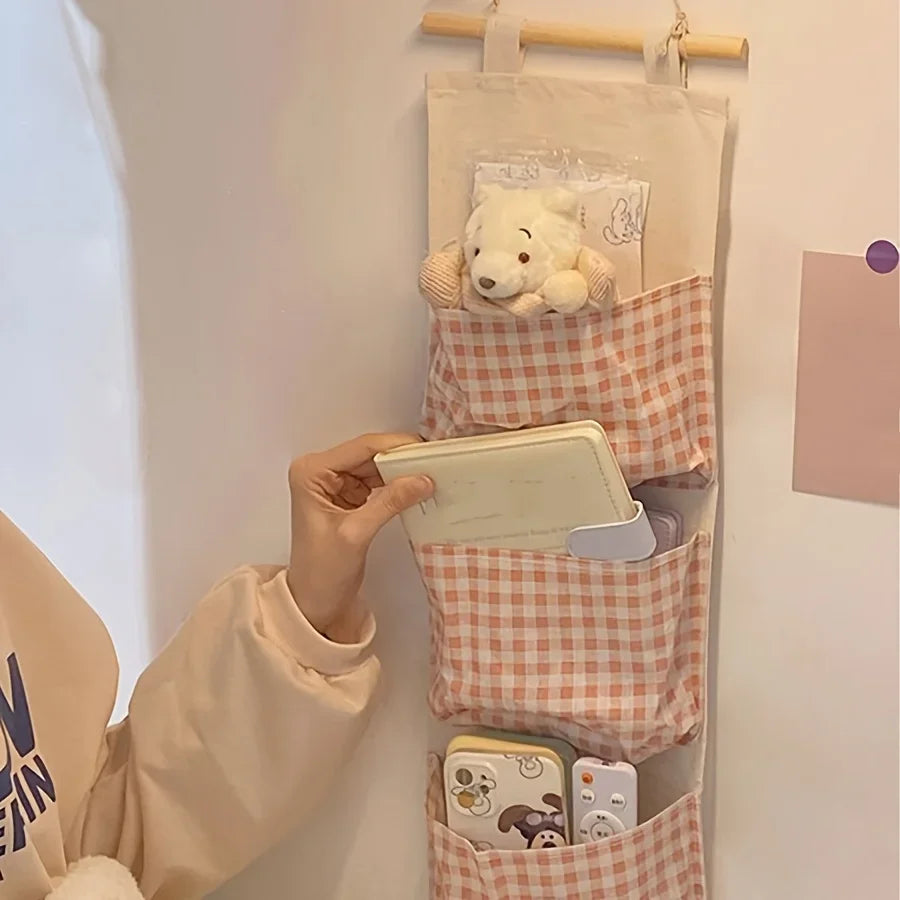Pink Storage Bag Rack Canvas Wall Mounted Bedroom Storage Bag Multifunctional for Books, Jewelry, and Miscellaneous Items Qme