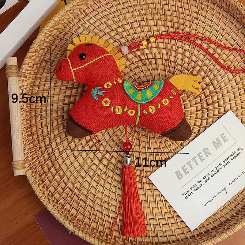 Cute Zodiac Horse Pendant Red Car Keychain Pendant Embroidery Doll Mascot New Year Chinese Style Gifts Decoration Accessories Qme