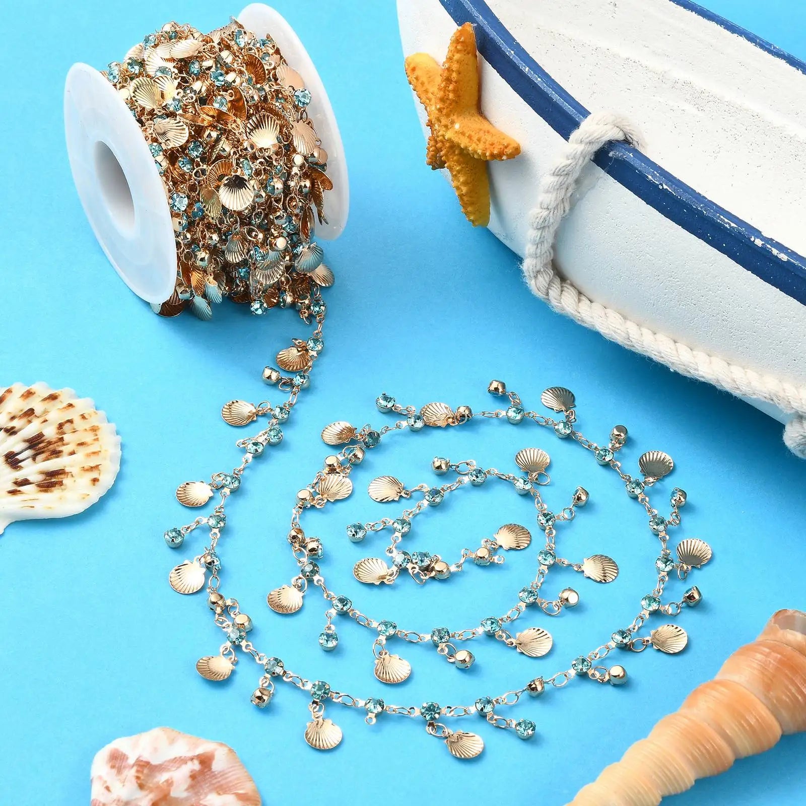 Pandahall 5m Golden Color Brass Jewelry Making Chain Dangle Sea Shell Rhinestone Charms with Spool for DIY Jewelry Supplies Qme