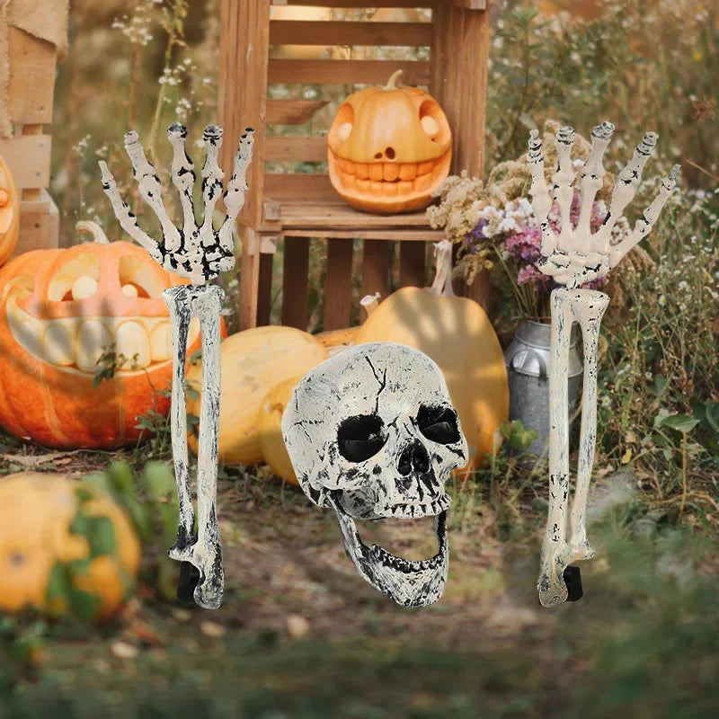 Skull Skeleton Head Arm Scare Halloween Prop Realistic Skull Home Garden Halloween Party Outdoor Decoration Haunted House Decor Qme
