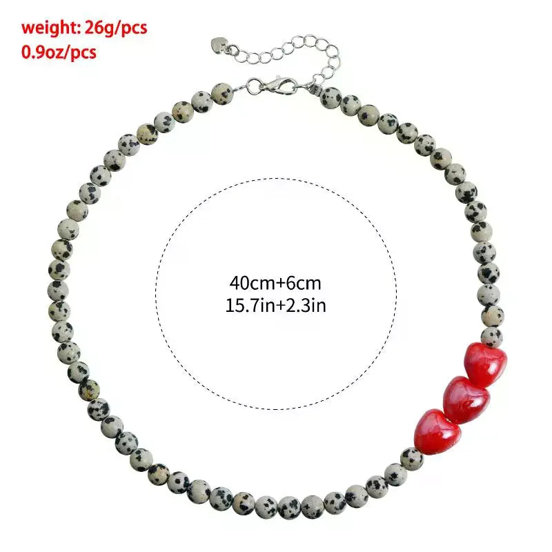 Trendy Spotted Stone Red Heart Beaded Necklace For Women Fashion Layering Qme