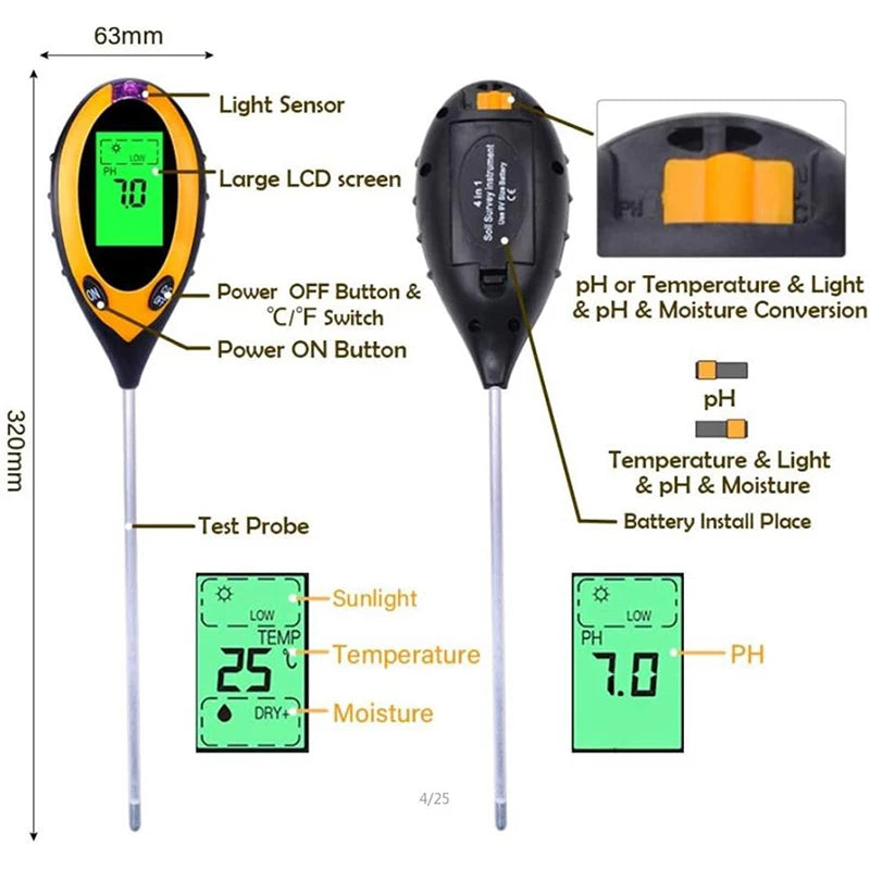4 in 1 Soil PH Tester Light Sunlight Test Moisture Meter Temperature Tester. Qme