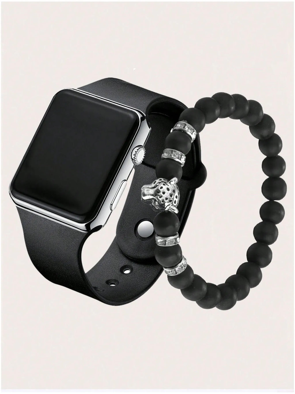 2-piece unisex fashionable, trendy, casual, personalized square LED electronic watch set Qme Silver No