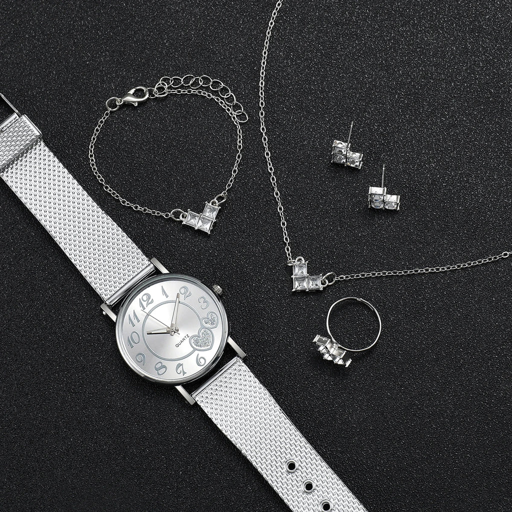 6 Pçs/set Moda Coração Dial Relógio de Quartzo Feminino Casual Banda de Plástico Relógios Strass Conjunto de Jóias (Sem Caixa) Qme