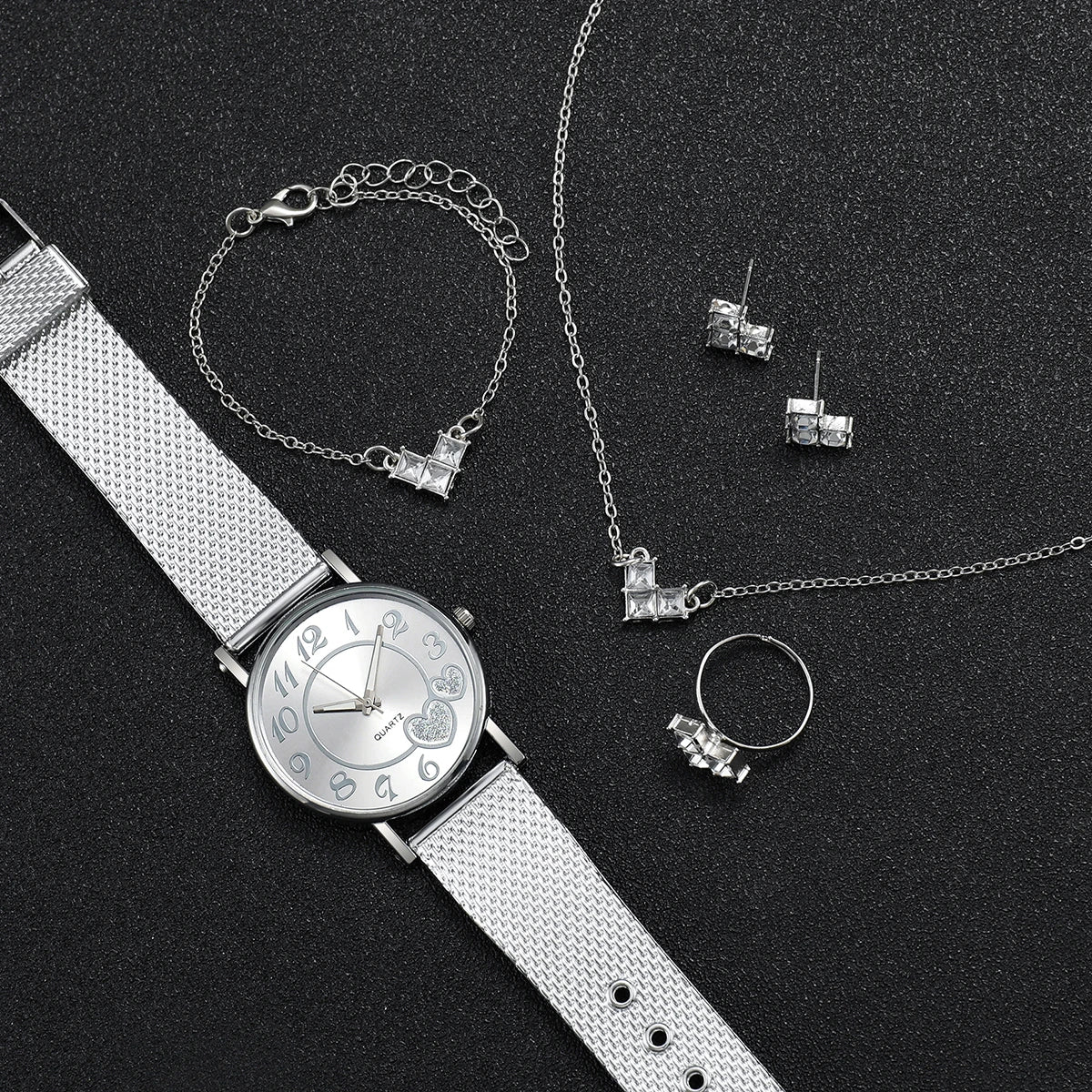 6 Pçs/set Moda Coração Dial Relógio de Quartzo Feminino Casual Banda de Plástico Relógios Strass Conjunto de Jóias (Sem Caixa) Qme