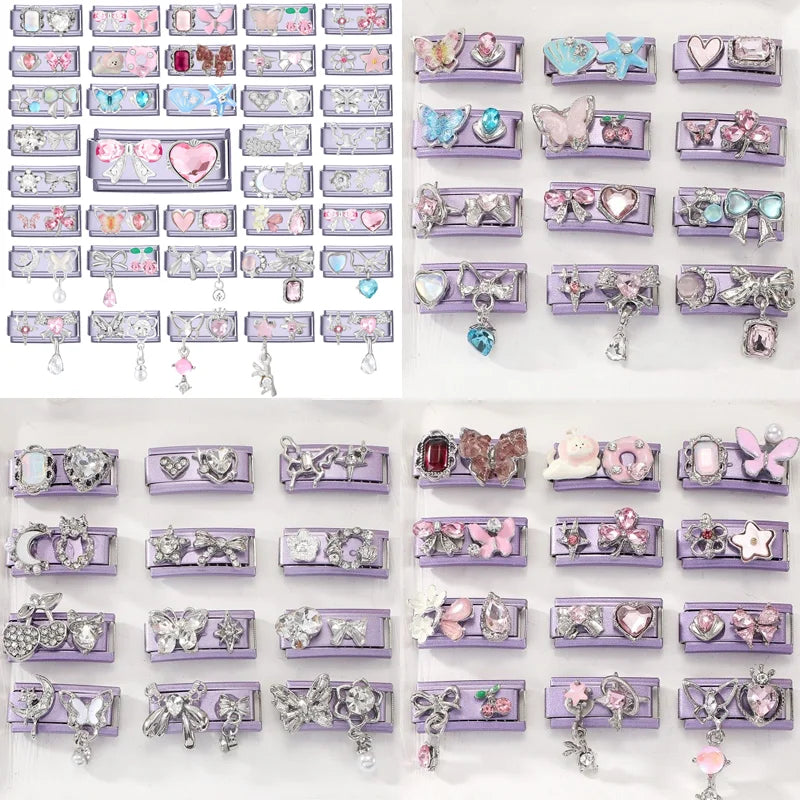 Fashion Purple Pink Butterfly Heart Crown Cherry Zircon Italian Charm Link Fit 9mm Bracelet Stainless Steel Men Women DIY Making Qme