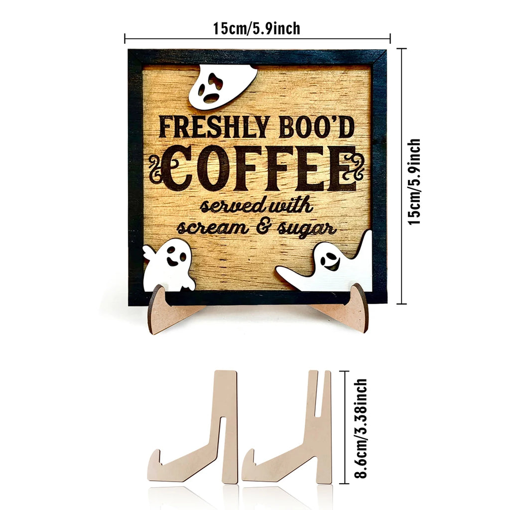 Halloween 3D Wooden Coffee Sign - 'Freshly Boo'd Coffee Served With Scream & Sugar' with 3 Ghosts,Spooky Kitchen/Boo Crew Decor Qme