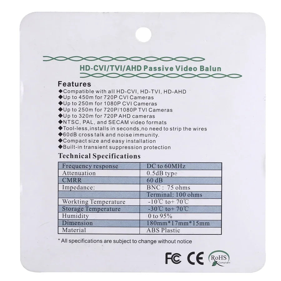 ESCAM HD 720P/1080P CVI/TVI/AHD Passive Video Balun BNC Connector To UTP Cat5/5e/6 Video Balun Passive Transceivers Qme