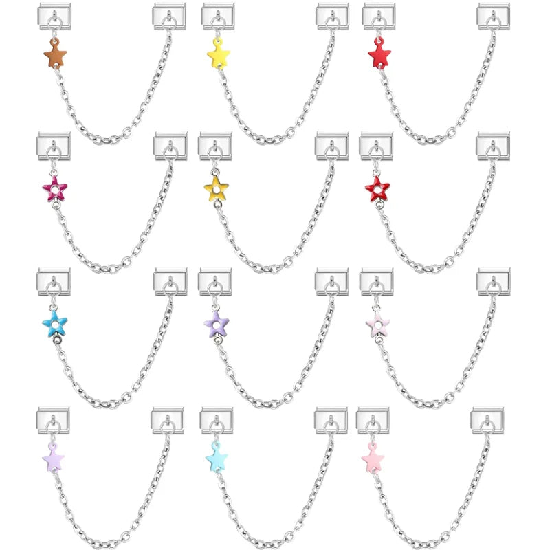 Wholesale Fashion Colour Stars Tassel Chain Module Italian Charm Bracelet Fit 9mm Hand Chain Stainless Steel DIY Jewelry Making Qme