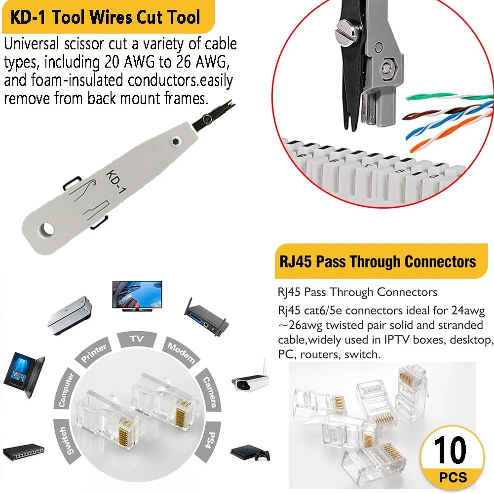 RJ45 Crimp Tool Kit, Network Cat5 Cat6 Cat7 Crimping Tool Repair Kit Includes Cable Tester,KD-1 Wire Cutter Qme